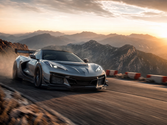 Cinematic motorsports action at Pikes Peak with a hybrid sports car at speed